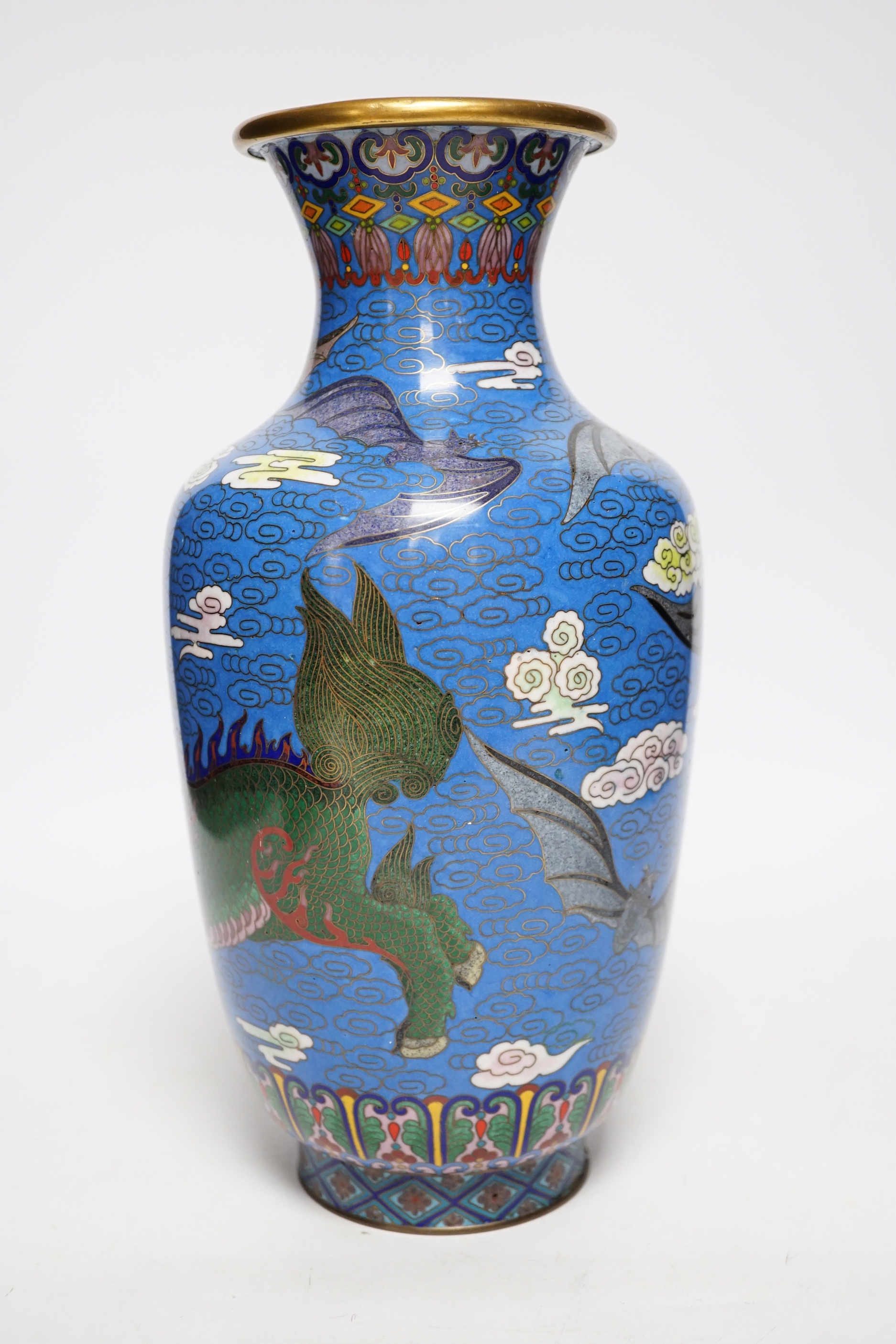 A Chinese cloisonné ‘qilin and bats’ enamel vase, 31cm